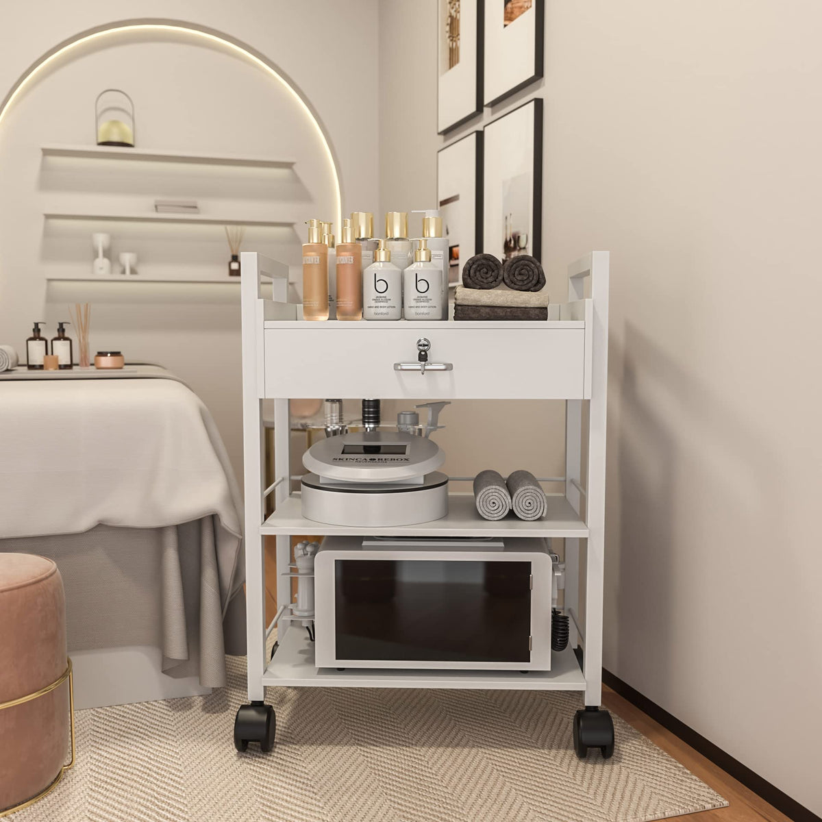 Paddie Salon Trolley Cart, Salon Tray Wooden Mobile Utility Cabinet with 2 Lockable Drawers, Rolling Storage Station Medical Esthetic Supply Holder for Beauty Spa (2 Drawers, White)