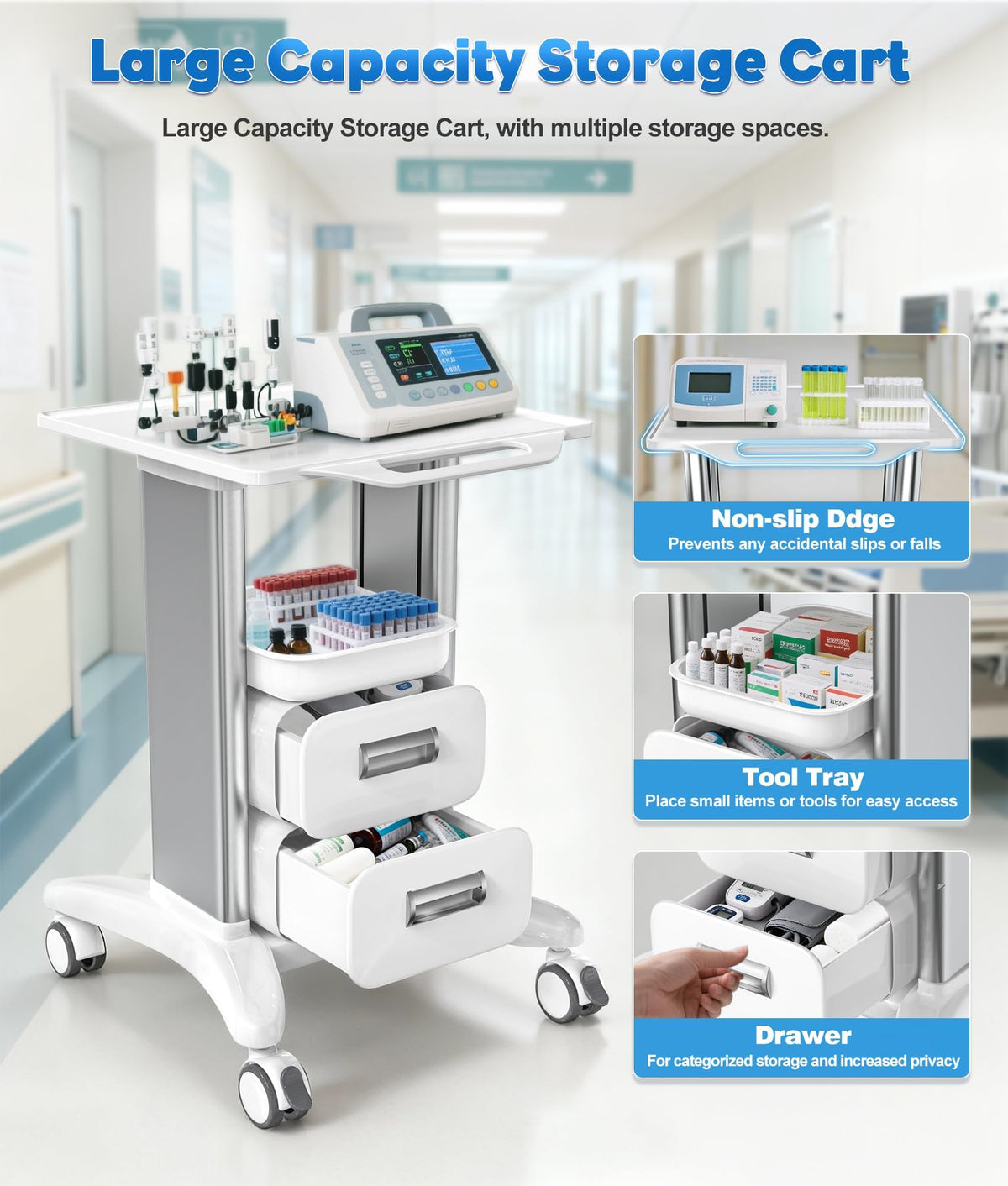 5-Tier Medical Storage Crash Cart with 4 Silent Wheels & 2 Trash Cans, Mobile Medical Utility Cart with Adjustable IV Pole and Disposal Holder for Clinic, Hospital, Salon, Lab