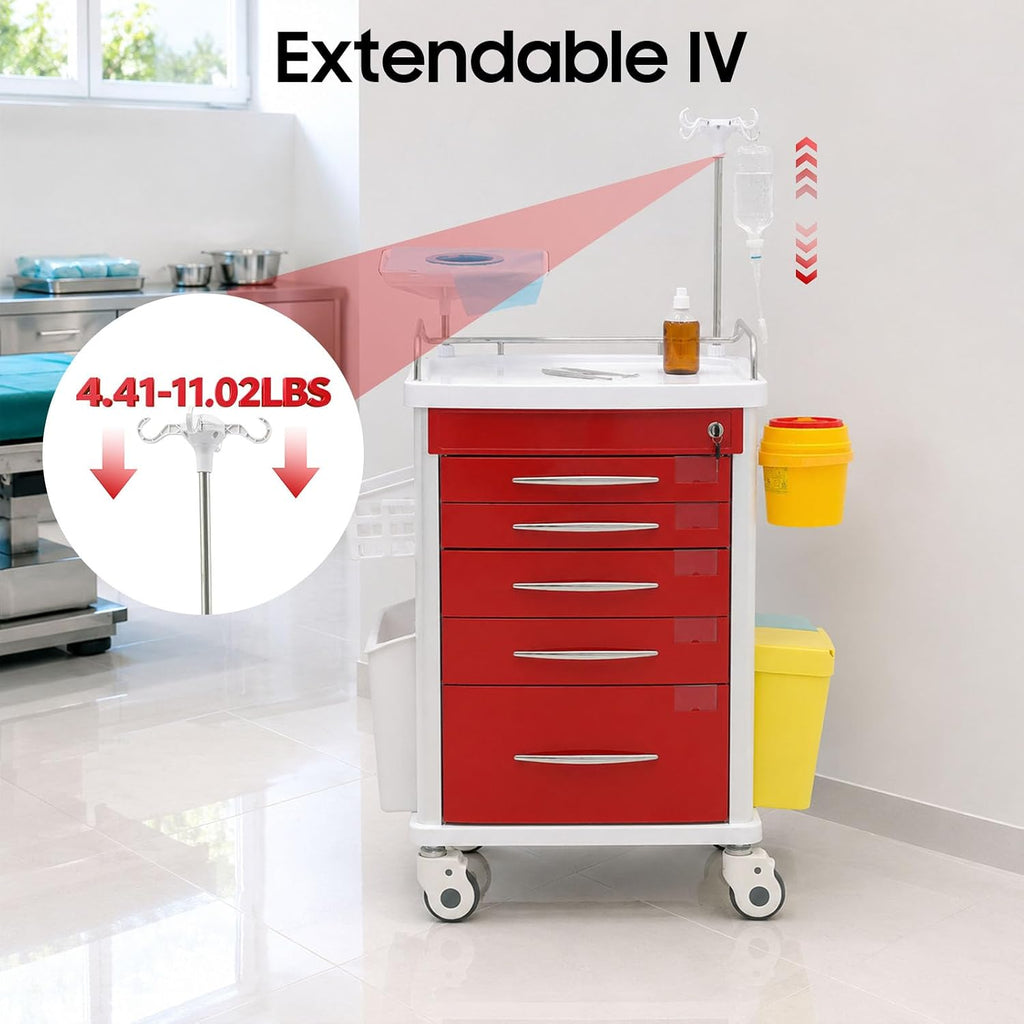Medical Rolling Crash Cart with Accessories-CPR Board, 2 Trash Bin, Power Strip, Drawers with Dividers, Mobile Medical Cart for Clinic, Hospital, Nursing Center, Salon, 29.53 * 18.7 * 37.4in (Red)