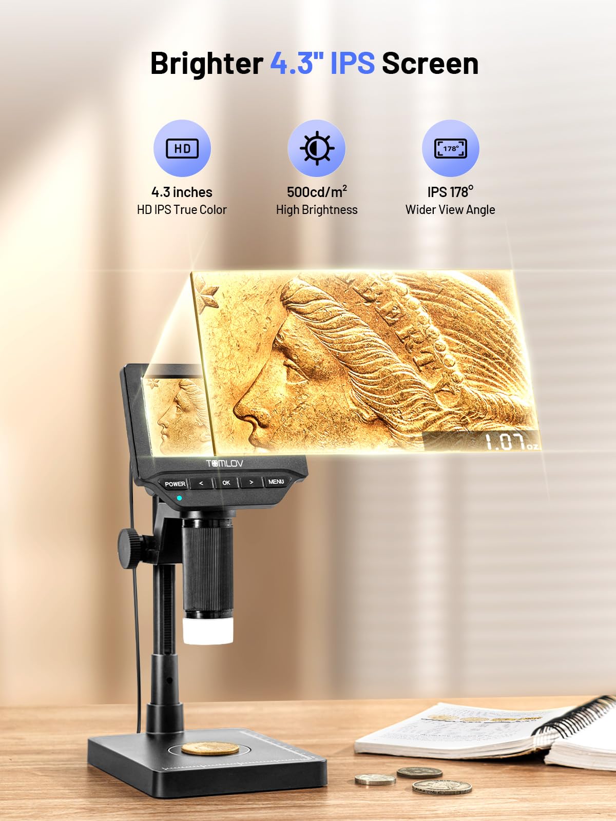 TOMLOV Coin Microscope with Weighing Scale, 7" Digital Magnifier DM4W Max