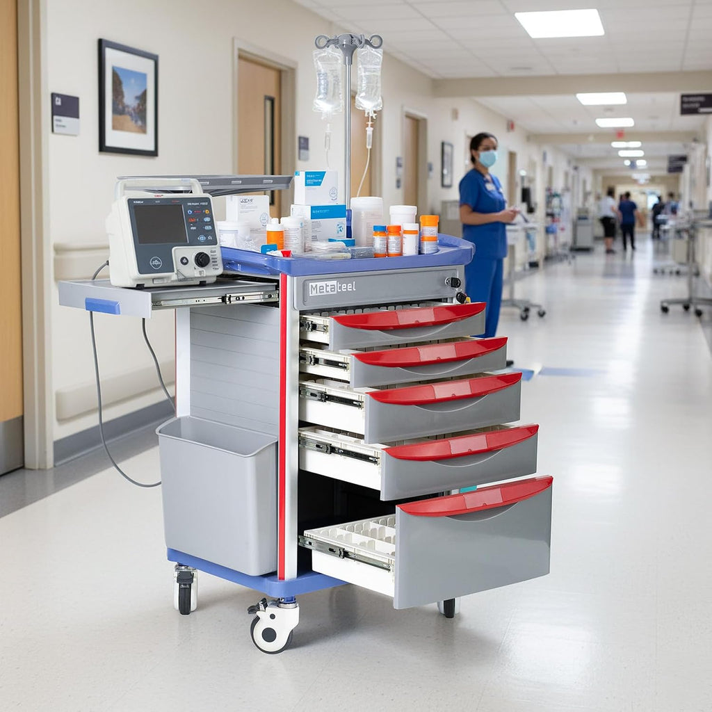 5-Tier Medical Cart with Wheels, Hospital Emergency Rolling Crash Carts with Adjustable IV Pole, Cardiac Board, O2 Holder, Power Strip, Trash Bin - Ideal Nursing Cart for Clinics, Hospitals