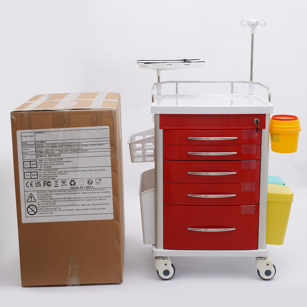 Medical Rolling Crash Cart, Medical Trolley 5 Drawers and Power Strip, Mobile Medical Cart for Clinic, Hospital, Nursing Center, Lockable Storage, Safety Retention Straps, Tag Slots (Blue)