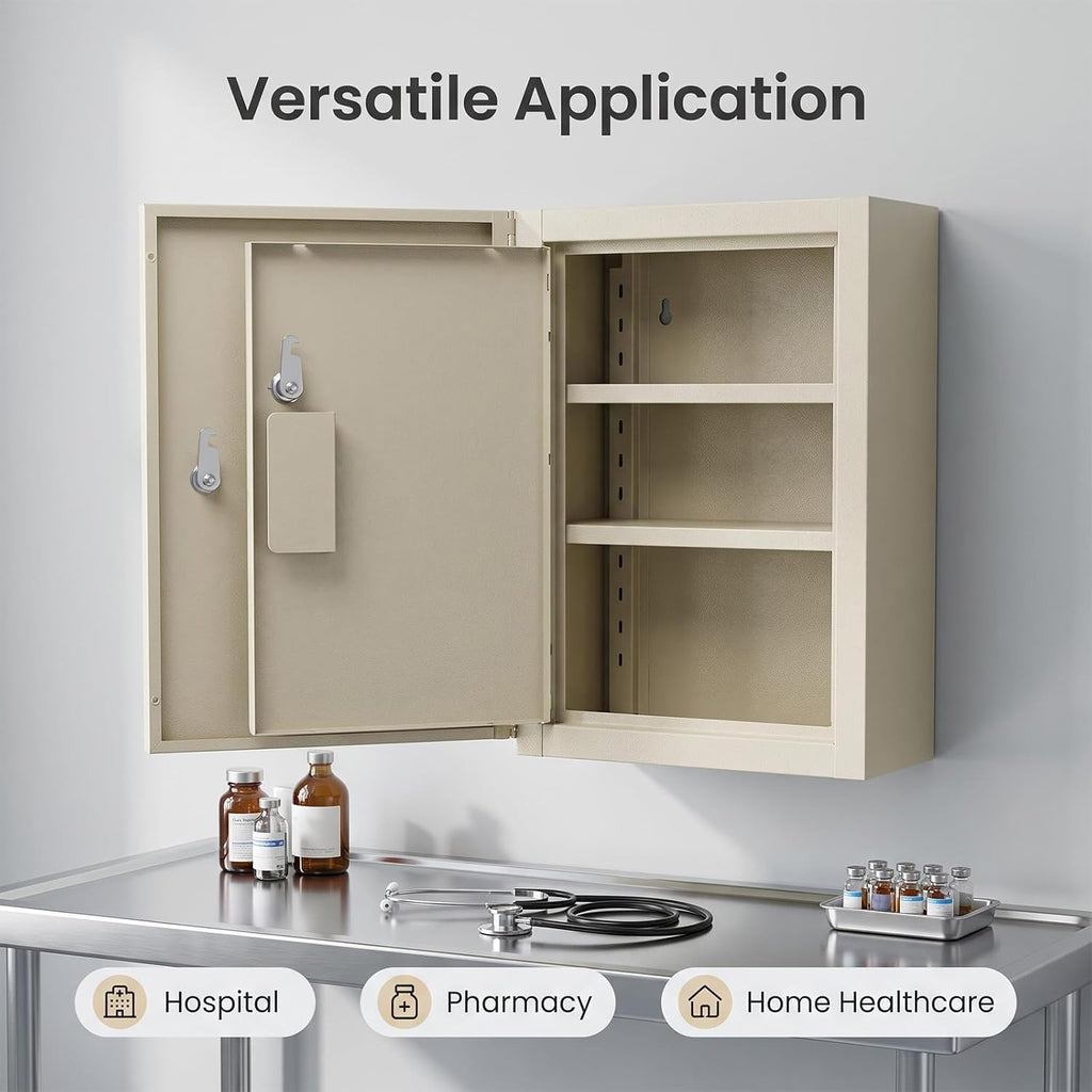 Locking Medicine Cabinet, Narcotics Cabinet with Dual Lock Doors, Wall Mounted Metal Medication Storage Cabinet, Secure Drug Storage Box for Clinics Pharmacies Veterinary Offices&Healthcare Facilities