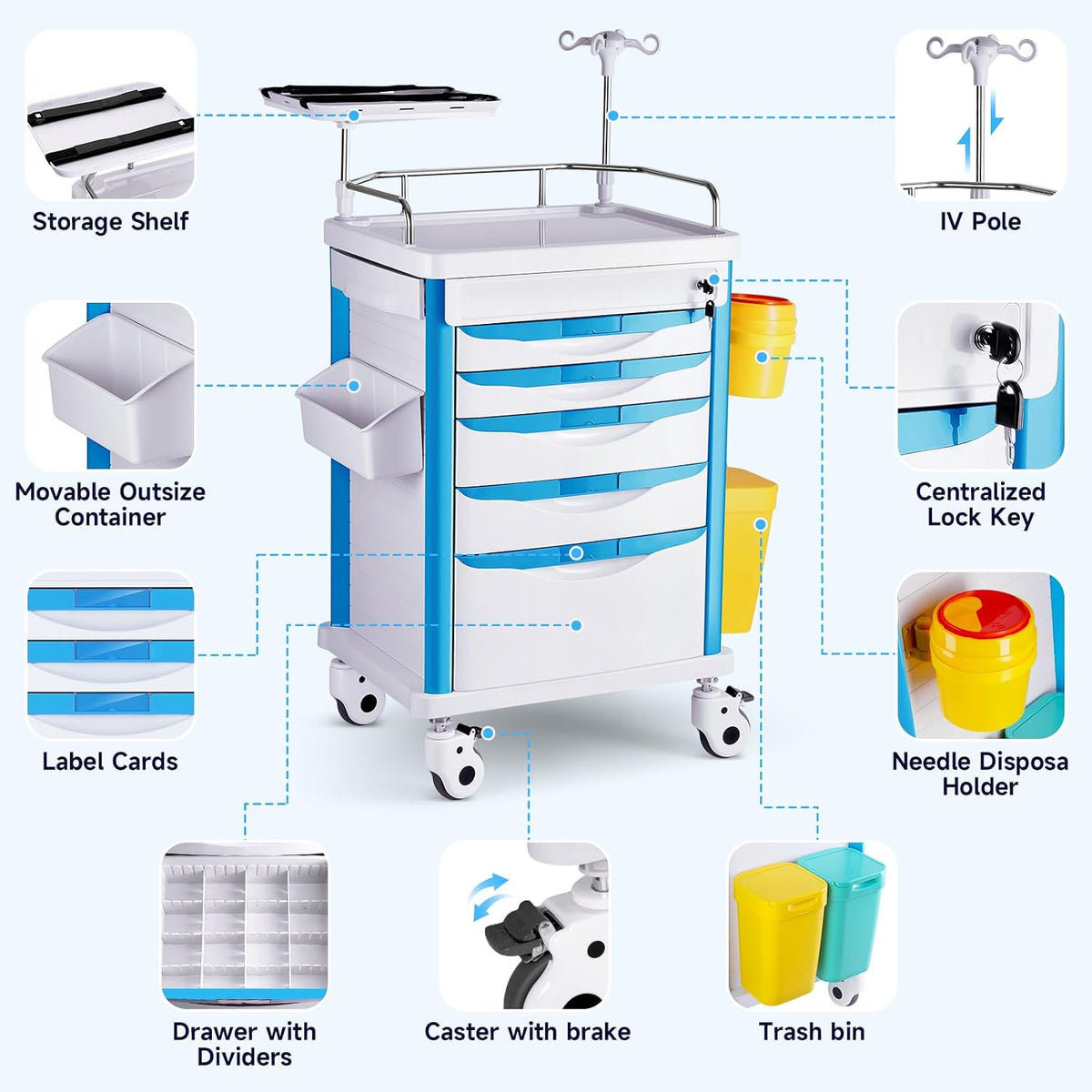 Medical Carts with Wheels, 5-Tier Drawers, Adjustable IV Pole, Silent Casters, Trash Bins, O2 Holder, Needle Disposal Holder & CPR Board, Rolling Crash Carts for Hospital Clinic