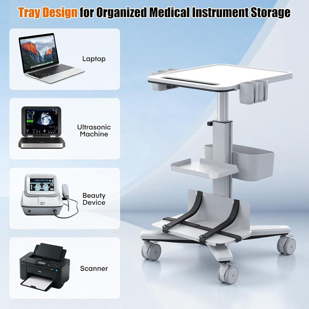 Medical Trolley Cart with Aluminum Alloy Frame, Oral Scanner Holder, Height Adjustable Workstation, 4 Locking Casters, Easy Assembly, Storage Basket for Dental Clinic, Medical Office and Beauty Salon
