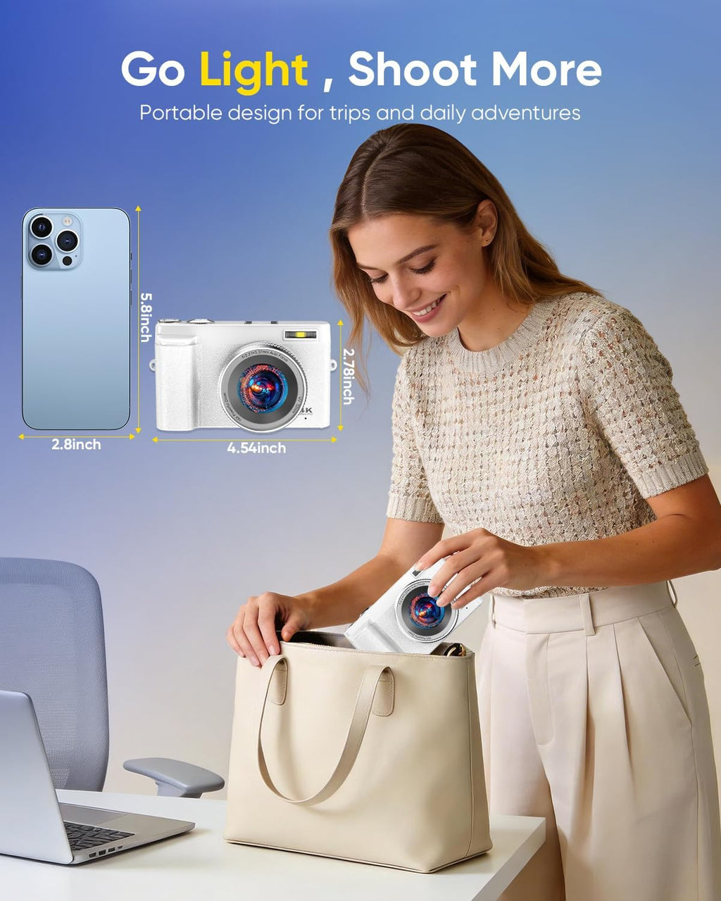 2026 Upgraded 64MP Digital Camera 4K WiFi 180Â° Flip Screen Autofocus, White
