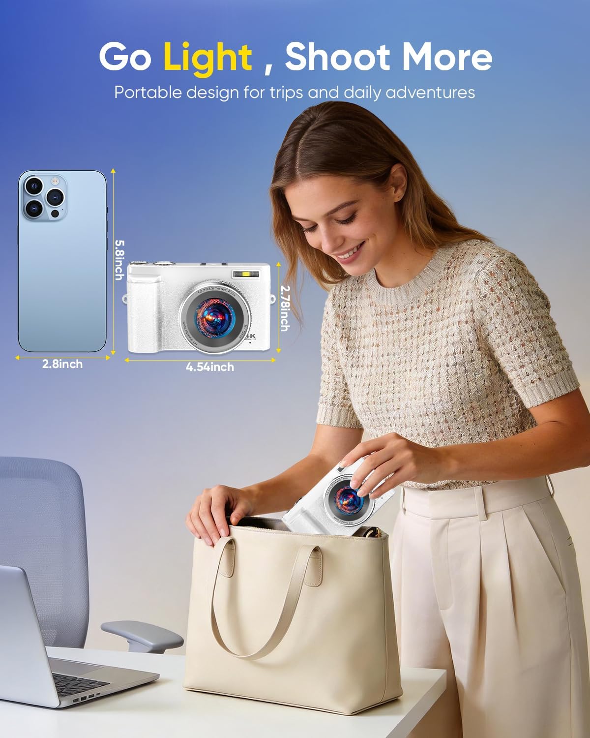 2026 Upgraded 64MP Digital Camera 4K WiFi 180Â° Flip Screen Autofocus, White