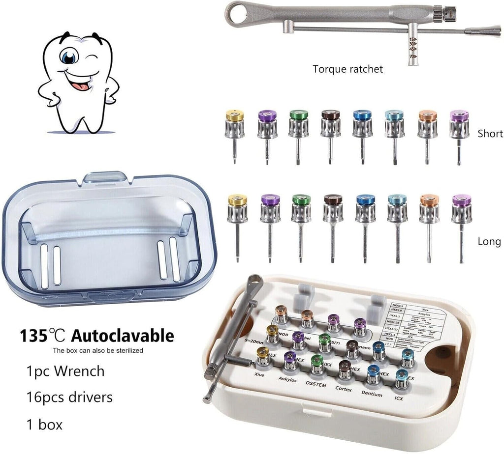 Universal Implant Prosthetic Kit Long and Short Dental Implant Driver Kit with Torque Wrench Size 10-70Ncm Restoration Screwdriver Kit (FULLY AUTOCLAVABLE Made with French Steel & Hgh Quality Plastic)