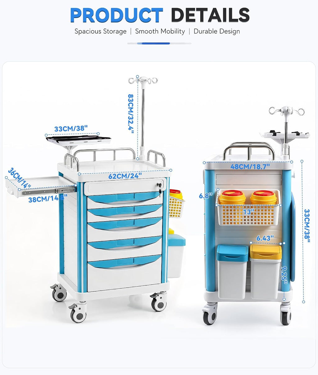 Medical Crash Cart Rolling Emergency with 5 Drawers & Wheels, Mobile Nursing Cart Featuring Power Strip, Hospital Ultrasound cart with IV Pole, Needle Disposal, O2 Holder for Hospital & Clinic