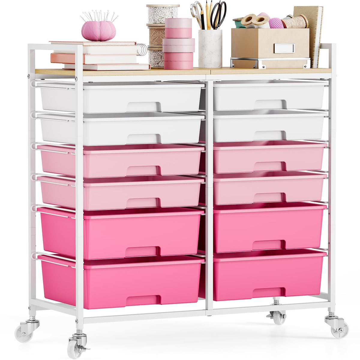 TOOLF 12 Drawers Rolling Storage Cart with Wooden Top for Classroom,White