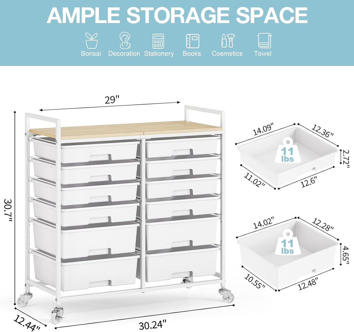 TOOLF 12 Drawers Rolling Storage Cart with Wooden Top for Classroom,White