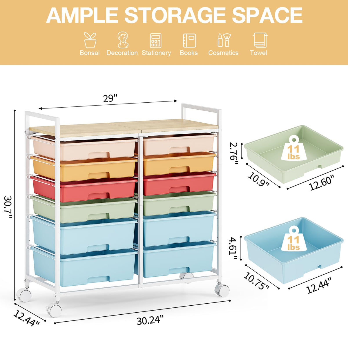 TOOLF 12 Drawers Rolling Storage Cart with Wooden Top for Classroom,White
