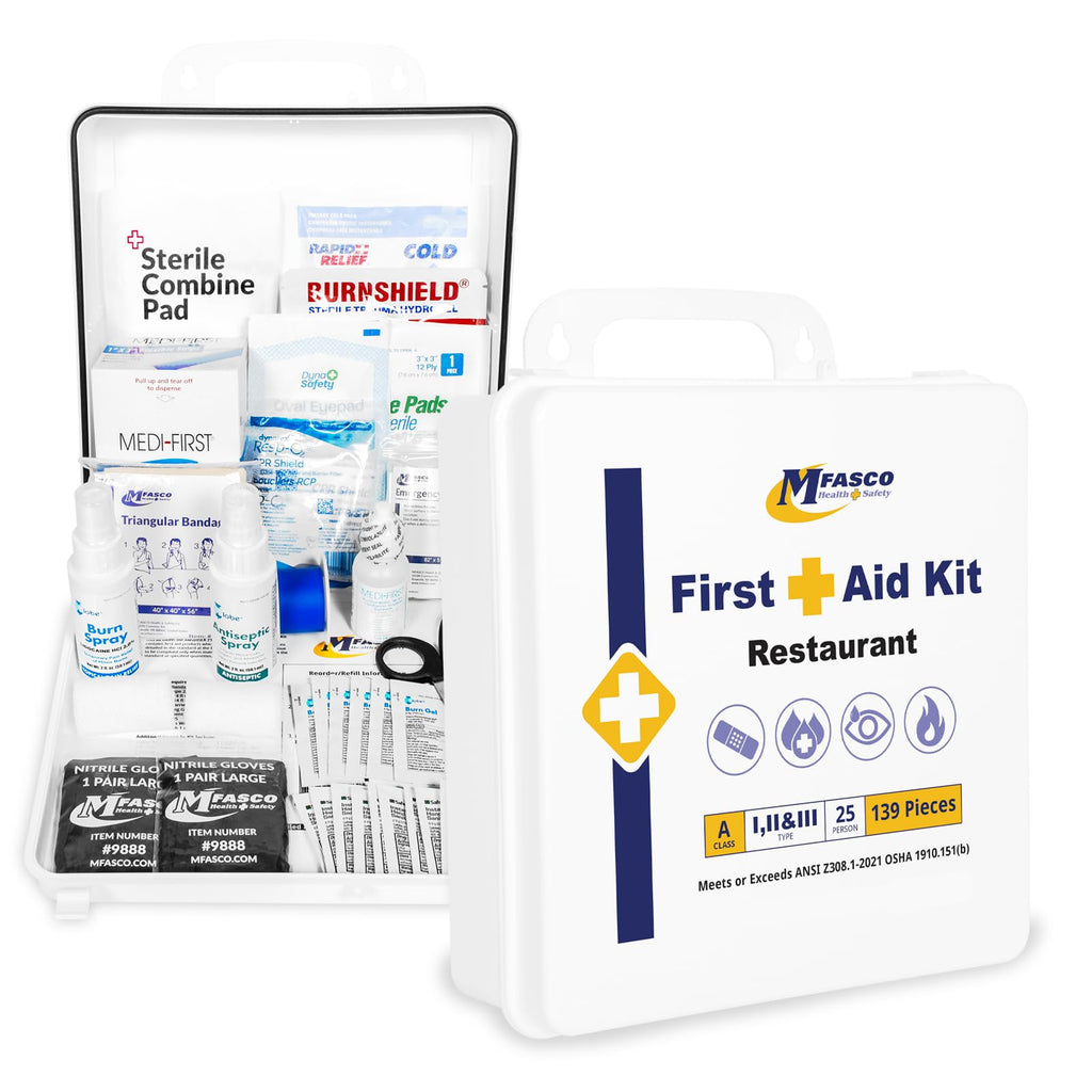 MFASCO Restaurant First Aid Kit - 2 Shelf Metal Cabinet, OSHA 2021 Class A