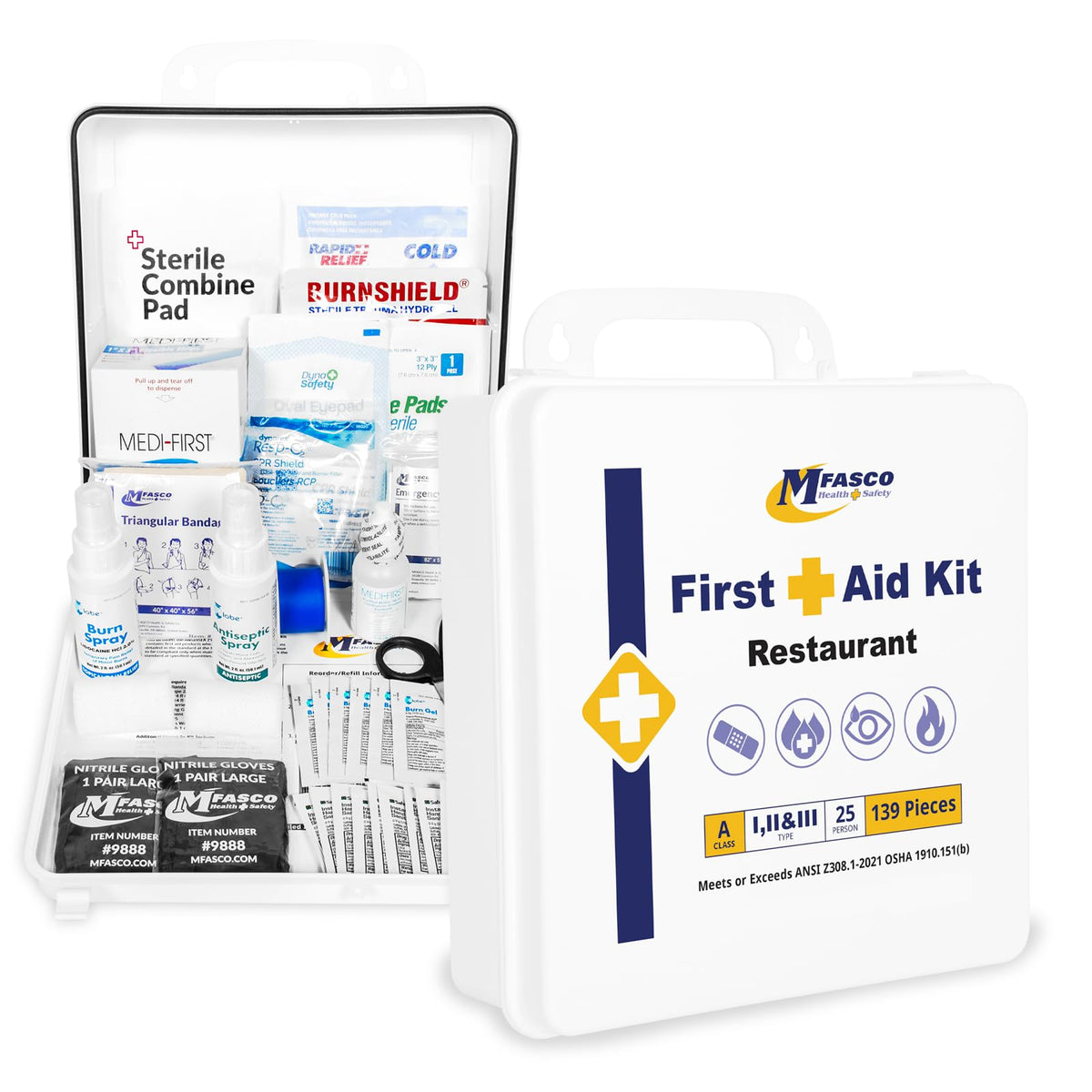 MFASCO Restaurant First Aid Kit - 2 Shelf Metal Cabinet, OSHA 2021 Class A