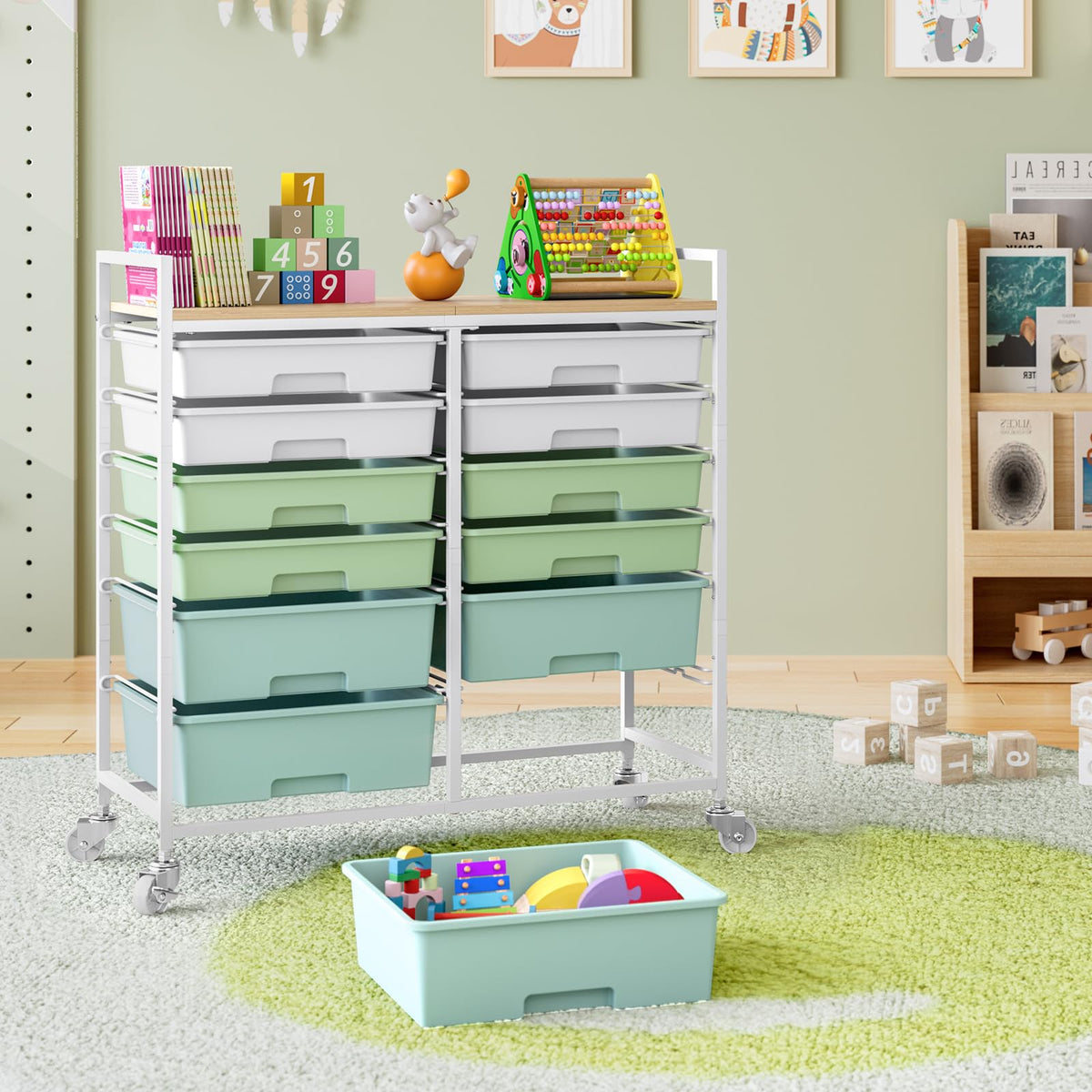 TOOLF 12 Drawers Rolling Storage Cart with Wooden Top for Classroom,White
