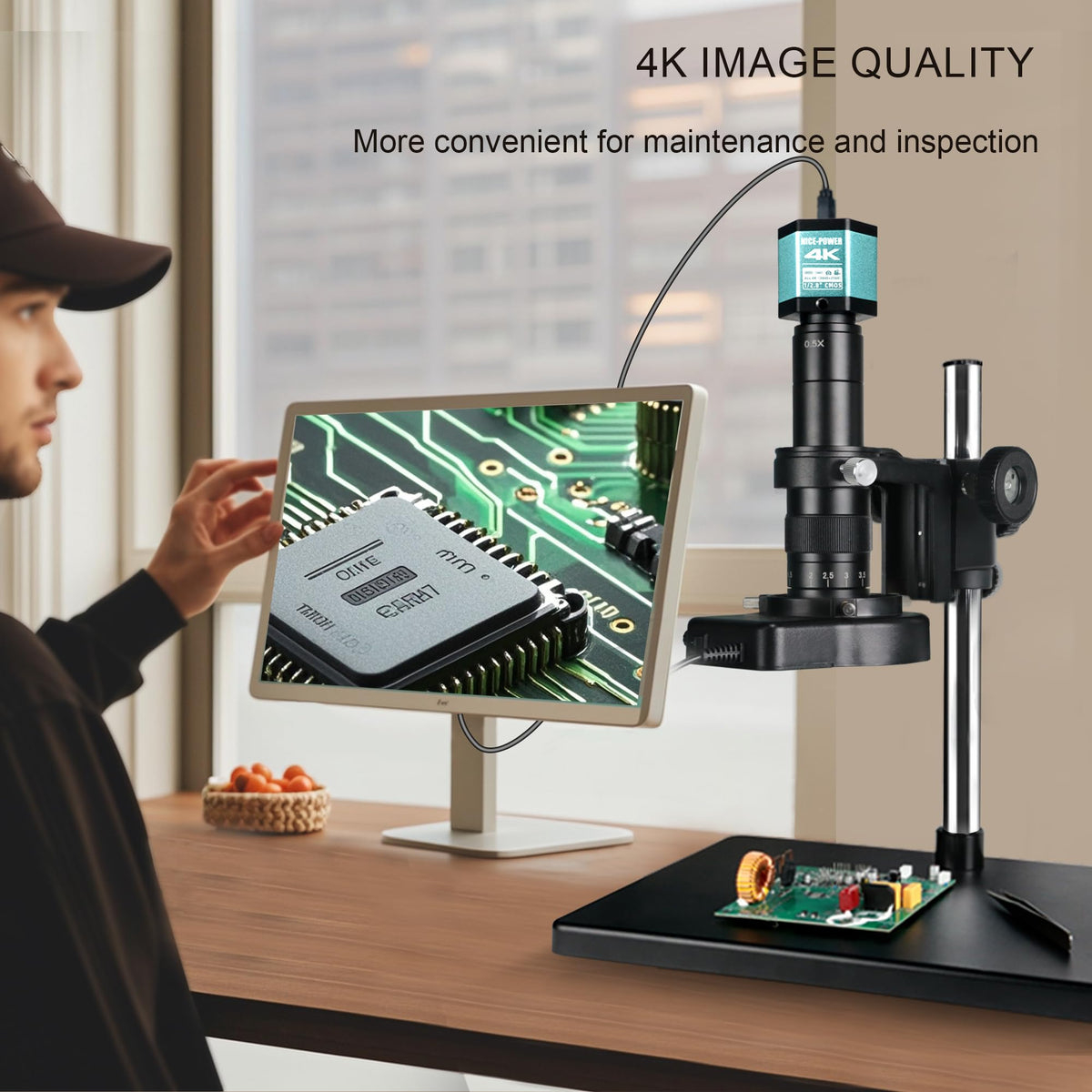 NICE-POWER Digital Microscope with Large Stable Base Stand, 4K HD Quality Industrial Microscope Type-C/HDMI Interface with 150X HD Lens Adjustable Ring Light Illumination for Electronic Repair etc