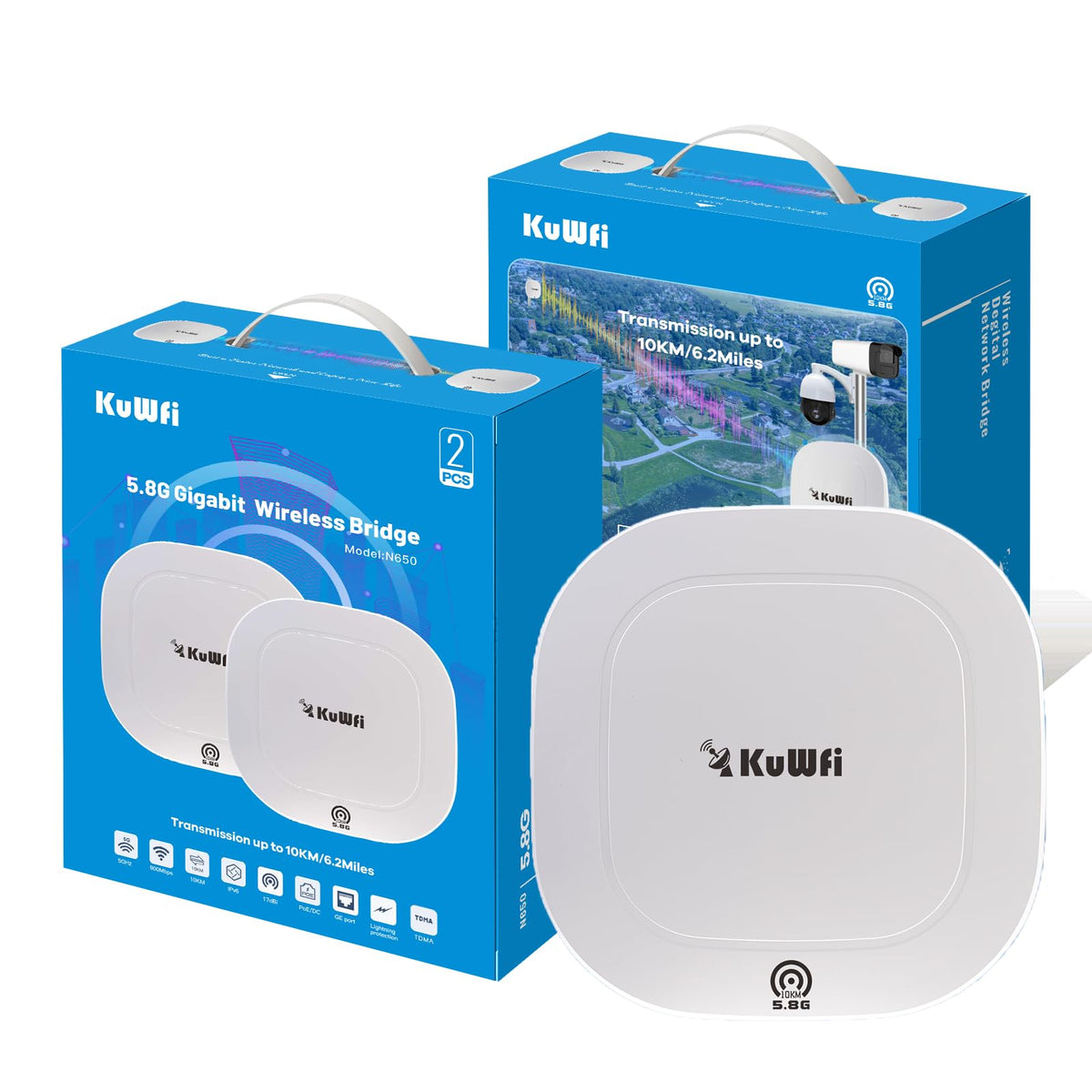 Outdoor Wireless Bridge, KuWFi 5.8G 3KM Transmission WiFi Point to Point Wireless Ethernet Bridge Router, with 3 RJ45 LAN Ports, Pre-Program, 48V PoE, 2-Packs