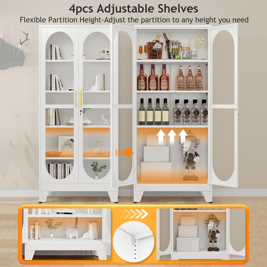 PAOFIN 47" H Locking Display Cabinet with Glass Door, Metal Cabinets with 3 Adjustable Shelves, Cabinet Display Case for Living Room, Collectibles, Clinic, Home - Assembly Required White