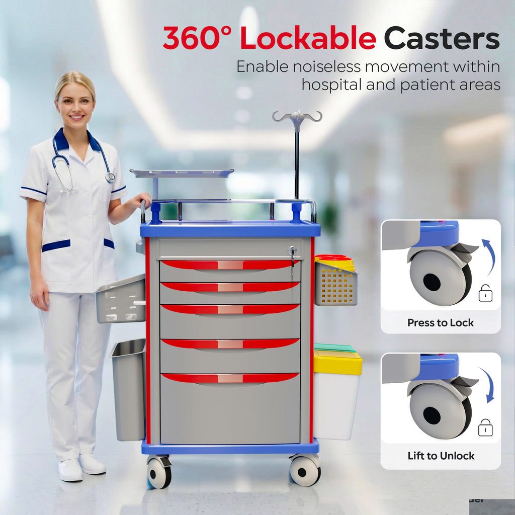 Medical Rolling Storage Crash Cart with Wheels, 5-Tier Medical Cart with Drawers, Adjustable IV Pole, Trash Bin & O2 Holder, Needle Disposal Holder, Silent Casters, Ideal for Hospitals (Grey)