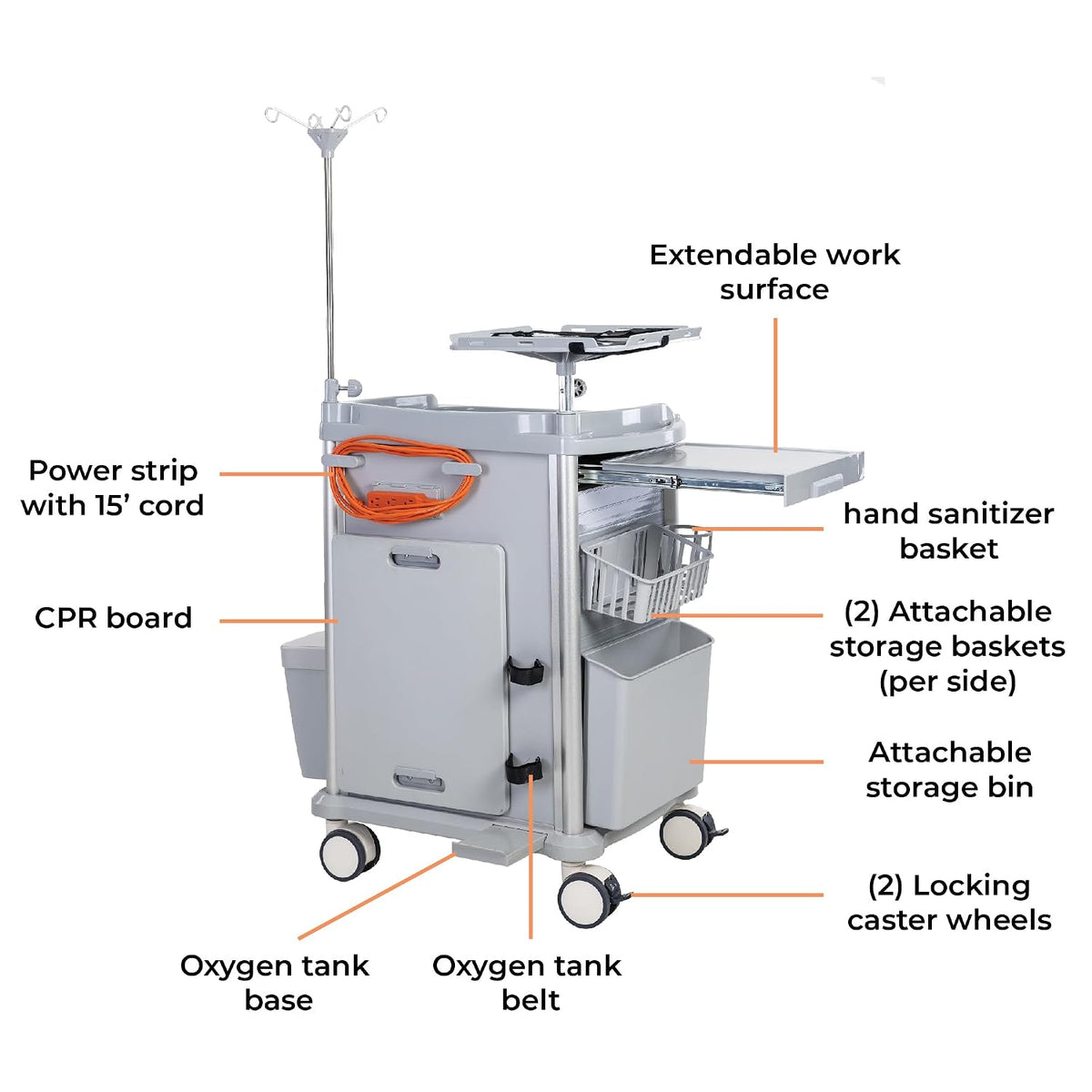 Stand Steady Emergency Crash Cart | Mobile Medical Cart with Drawers & Customizable Storage Bins | Medical Supply Cart with IV Pole, Cardiac Board, O2 Holder & UL-Safety Power Strip | Easy Assembly