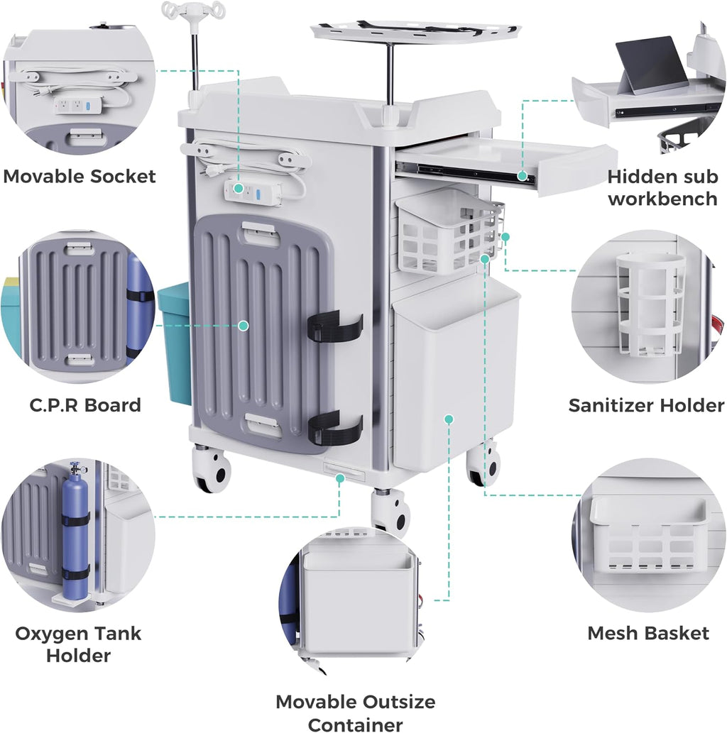 Medical Rolling Crash Cart with Integrated Medical Countertop