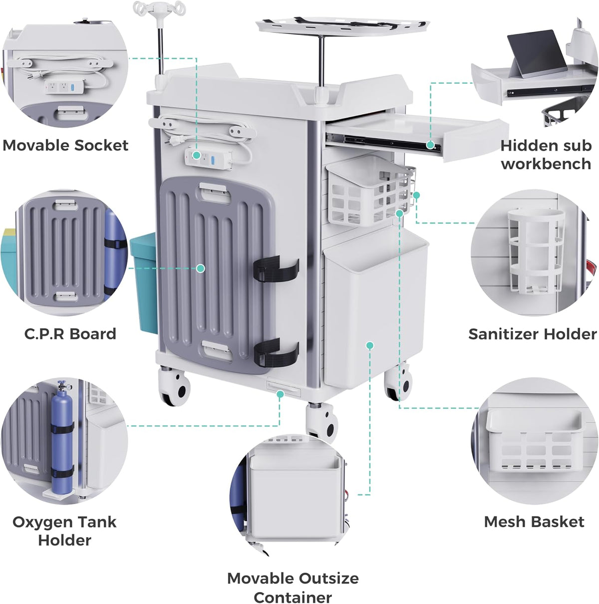 Medical Rolling Crash Cart with Integrated Medical Countertop