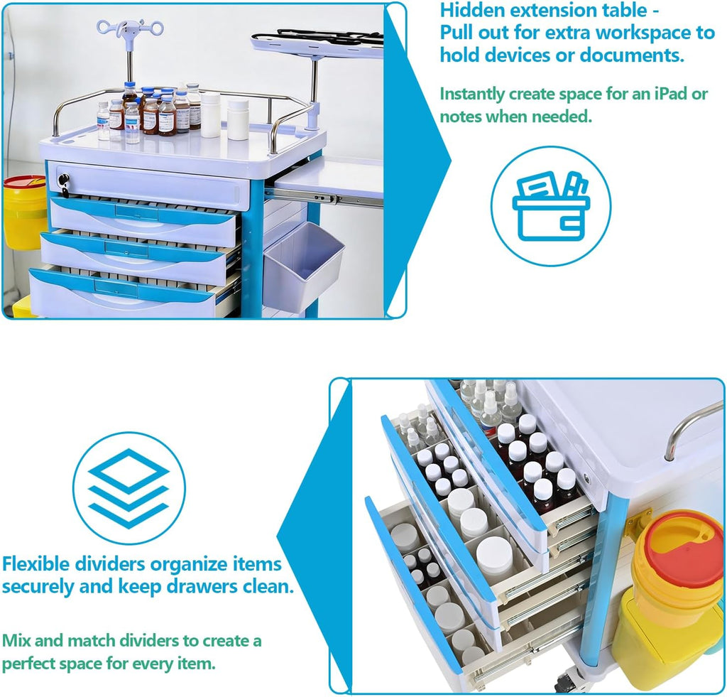 Medical Rolling Storage Crash Cart with Wheels & Drawers, Mobile Medical Cart with 5-Drawer, Medical Rolling Cart for Supplies, Nursing Emergency Cart for Hospital & Clinic, Adjustable IV Pole