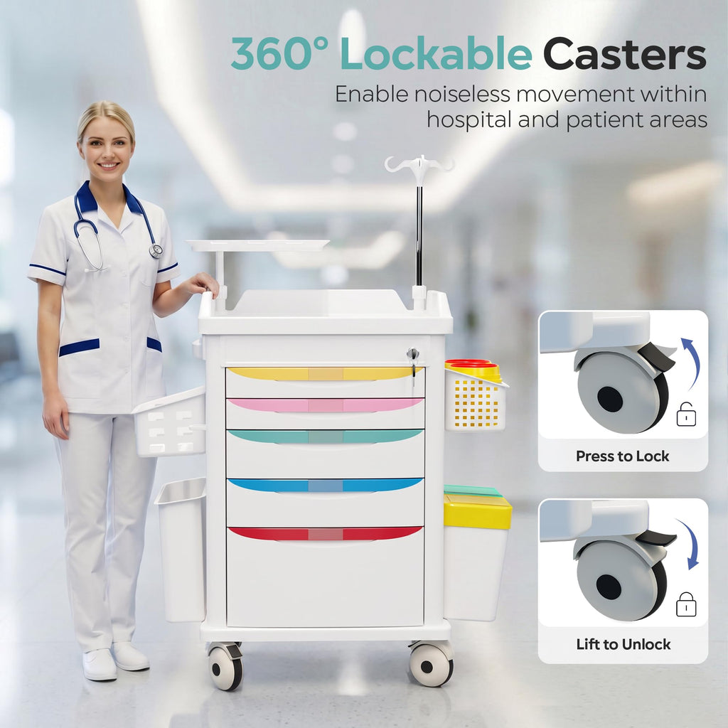 Medical Rolling Storage Crash Cart with Wheels, 5-Tier Medical Cart with Drawers, Adjustable IV Pole, Trash Bin & O2 Holder, Needle Disposal Holder, Silent Casters, Ideal for Hospitals (Grey)