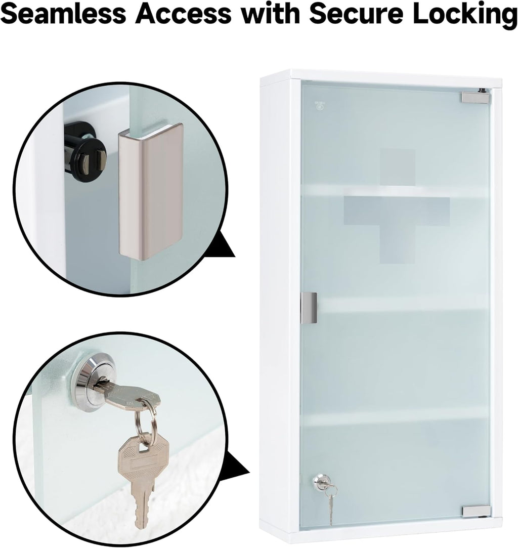 Metal Medicine Cabinet with Lock, Frosted Tempered Glass Door