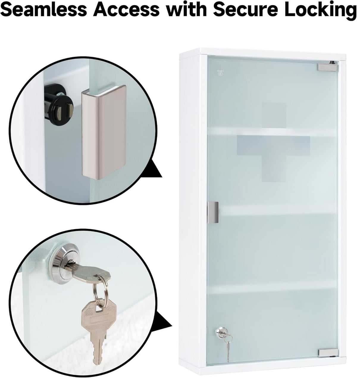 Metal Medicine Cabinet with Lock, Frosted Tempered Glass Door