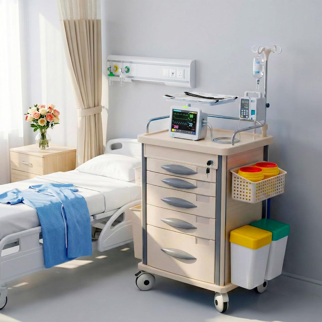 Medical Rolling Storage Crash Cart with Wheels, 5-Tier Medical Cart with Drawers, Adjustable IV Pole, Trash Bin & O2 Holder, Needle Disposal Holder, Silent Casters, Ideal for Hospitals (Grey)