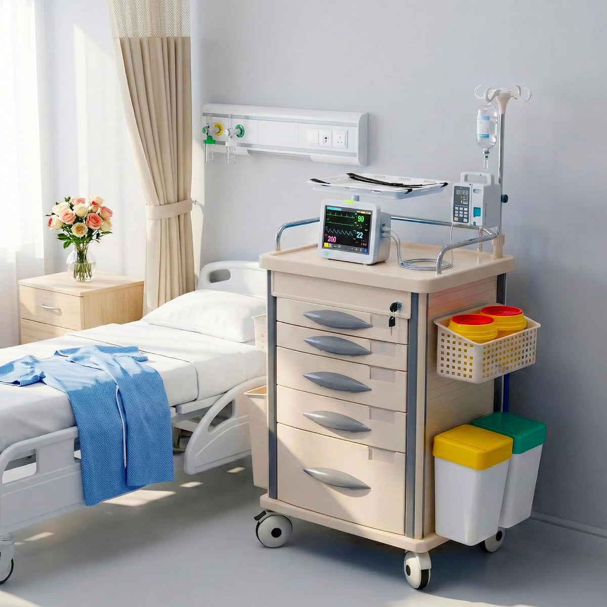 Medical Rolling Storage Crash Cart with Wheels, 5-Tier Medical Cart with Drawers, Adjustable IV Pole, Trash Bin & O2 Holder, Needle Disposal Holder, Silent Casters, Ideal for Hospitals (Grey)