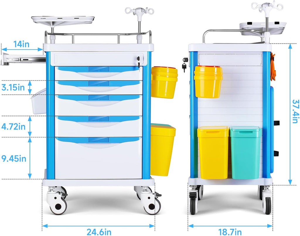 Medical Carts with Wheels, 5-Tier Drawers, Adjustable IV Pole, Silent Casters, Trash Bins, O2 Holder, Needle Disposal Holder & CPR Board, Rolling Crash Carts for Hospital Clinic