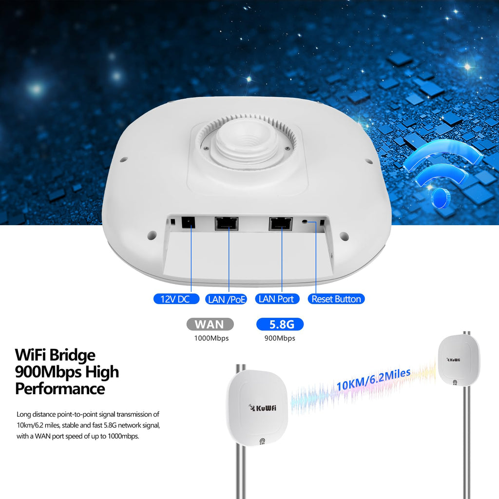 Outdoor Wireless Bridge, KuWFi 5.8G 3KM Transmission WiFi Point to Point Wireless Ethernet Bridge Router, with 3 RJ45 LAN Ports, Pre-Program, 48V PoE, 2-Packs