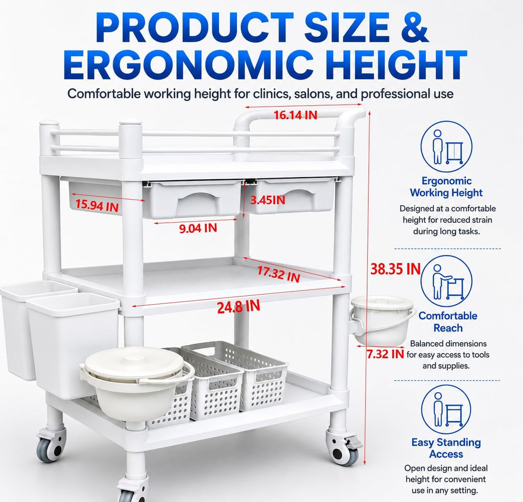 18 x 25 x 40 in Mobile Medical Cart, 3 Tier Professional Utility Cart, 600 LBS ABS Rolling Crash Cart, 2 Drawers, Dirt Bucket, Sharps Box, Storage Basket, 360Â° Wheels for Hospital Dental Clinic