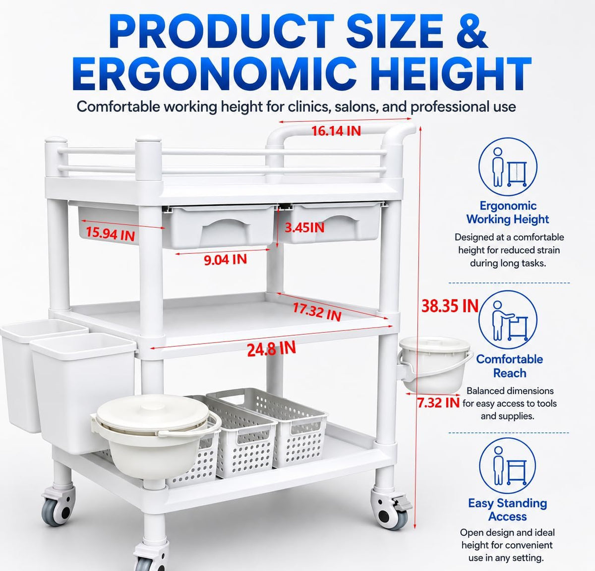 18 x 25 x 40 in Mobile Medical Cart, 3 Tier Professional Utility Cart, 600 LBS ABS Rolling Crash Cart, 2 Drawers, Dirt Bucket, Sharps Box, Storage Basket, 360Â° Wheels for Hospital Dental Clinic