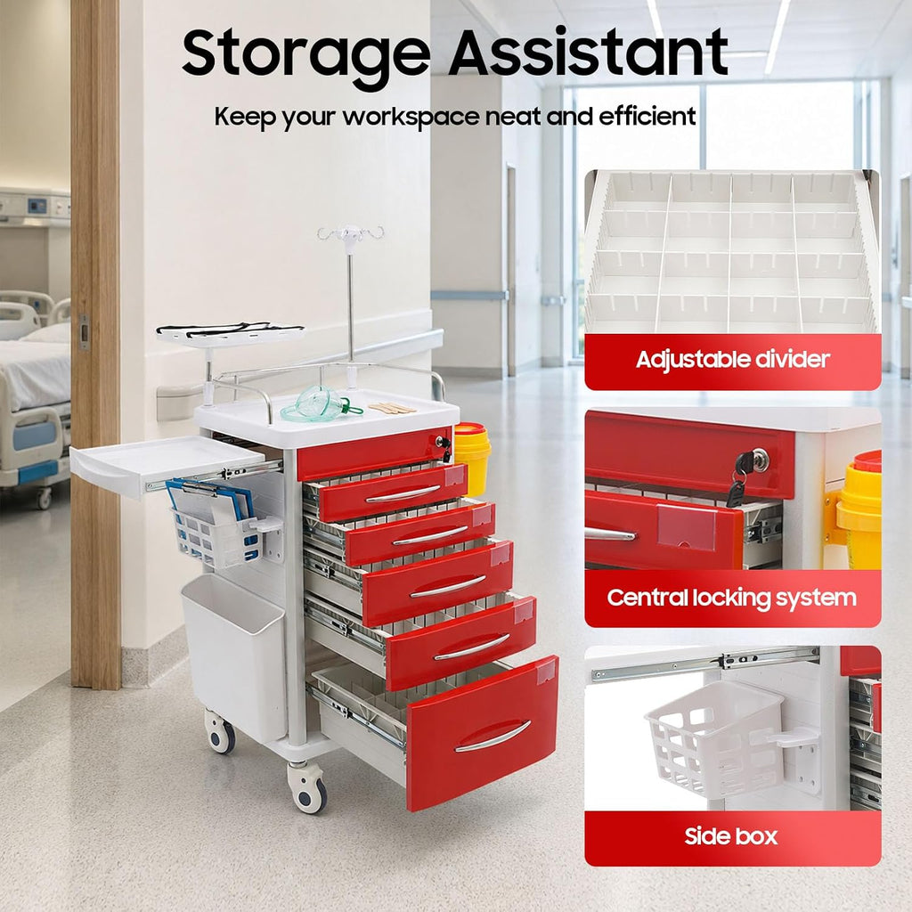 Medical Rolling Crash Cart with Accessories-CPR Board, 2 Trash Bin, Power Strip, Drawers with Dividers, Mobile Medical Cart for Clinic, Hospital, Nursing Center, Salon, 29.53 * 18.7 * 37.4in (Red)