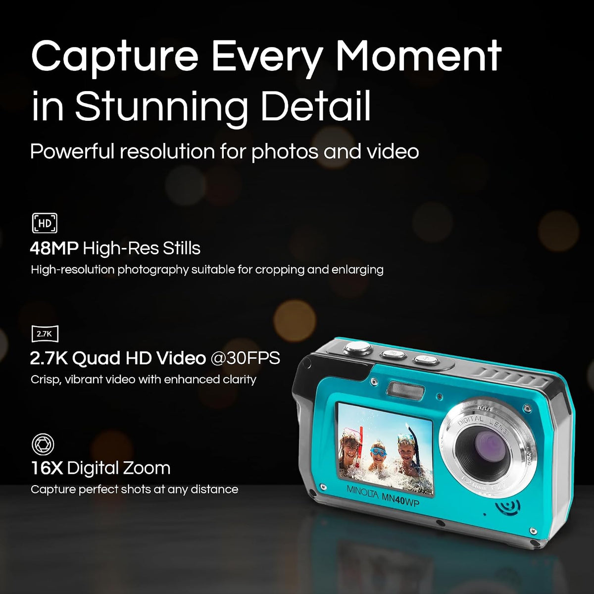 Minolta MN40WP 48MP QHD Dual LCD Screen Waterproof Camera, Blue