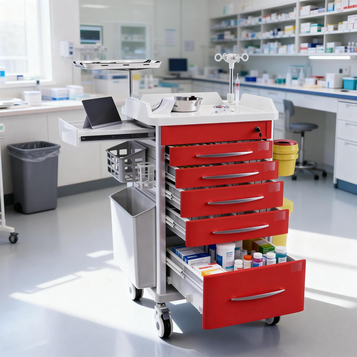 Medical Rolling Crash Cart with Integrated Medical Countertop