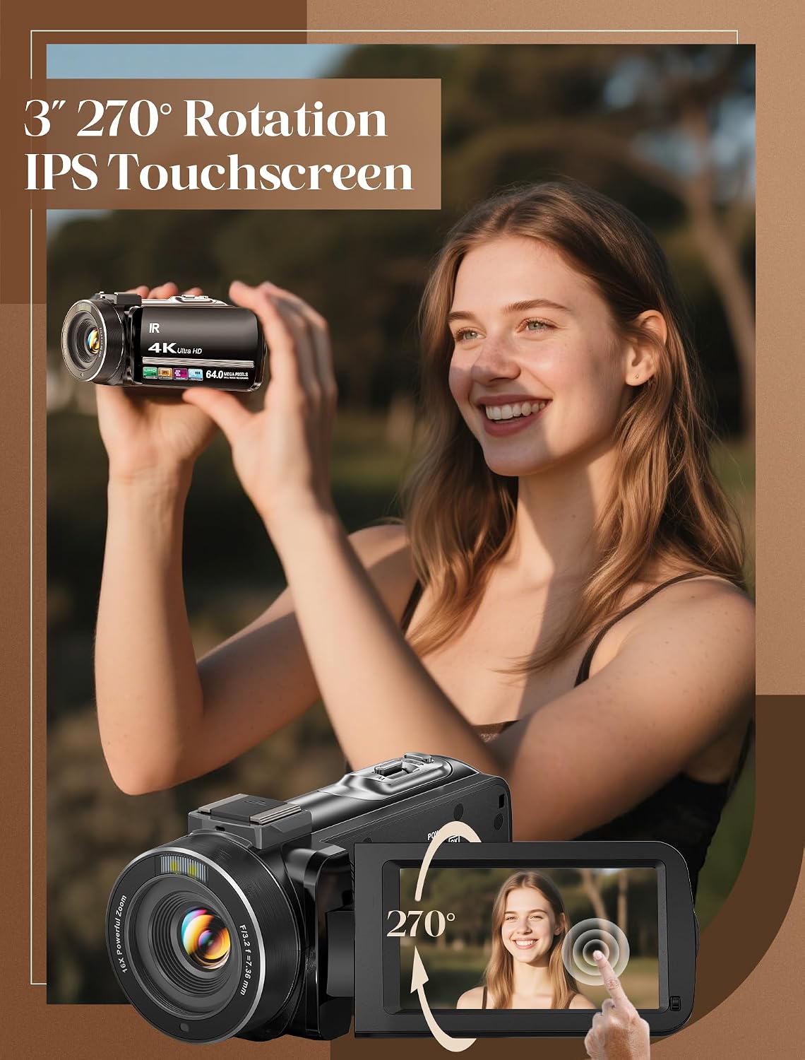 ZYDIIE 4K Video Camera Camcorder UHD 64MP Vlogging Camera for YouTube 18x Digital Zoom 3" 270Â° Rotation IPS Touchscreen Video Camcorder with Night Vision, Remote Control, 32GB Card, 2 Batteries