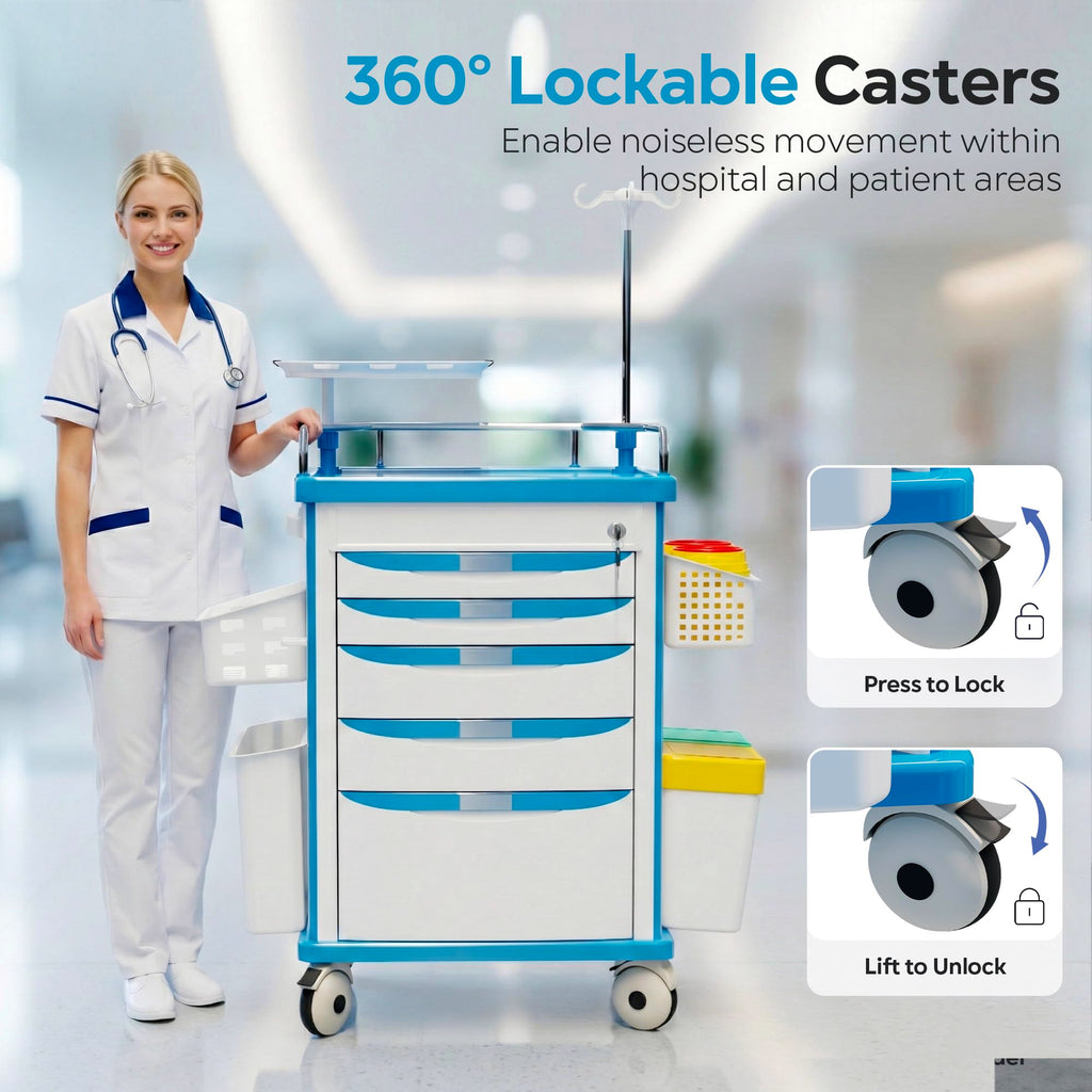 Medical Rolling Storage Crash Cart with Wheels, 5-Tier Medical Cart with Drawers, Adjustable IV Pole, Trash Bin & O2 Holder, Needle Disposal Holder, Silent Casters, Ideal for Hospitals (Grey)