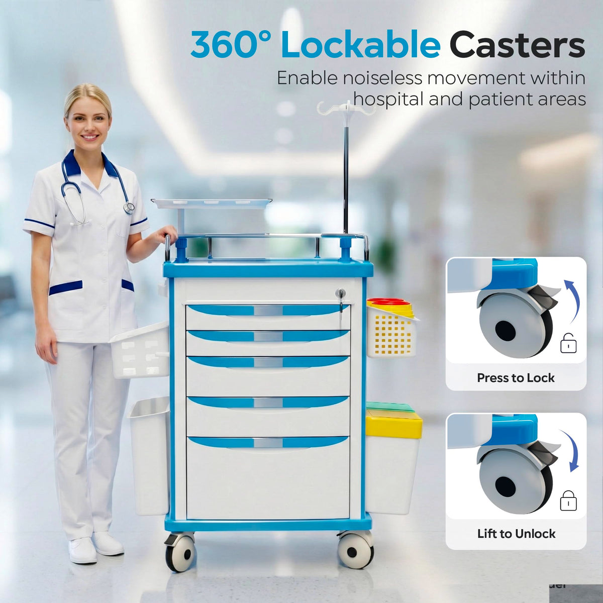 Medical Rolling Storage Crash Cart with Wheels, 5-Tier Medical Cart with Drawers, Adjustable IV Pole, Trash Bin & O2 Holder, Needle Disposal Holder, Silent Casters, Ideal for Hospitals (Grey)
