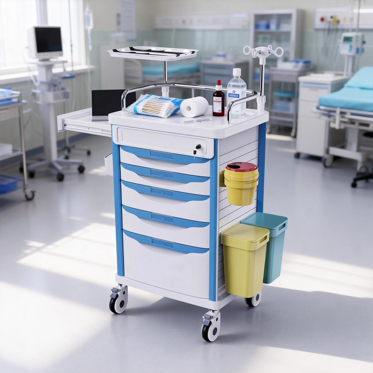 Medical Rolling Crash Cart with Integrated Medical Countertop