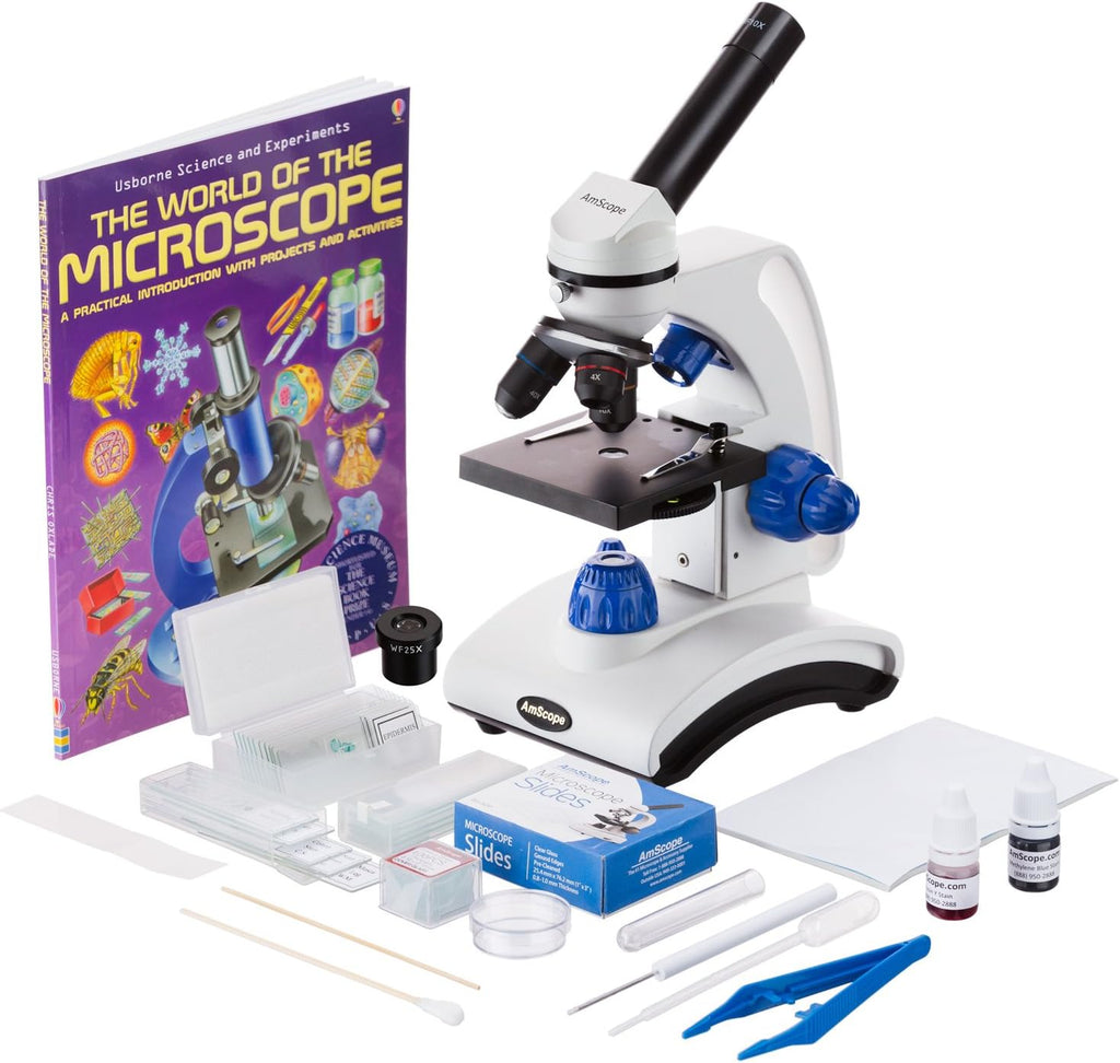 AmScope M162C-2L-PB10-WM-SP14-50P100S 1000X Microscope Kit