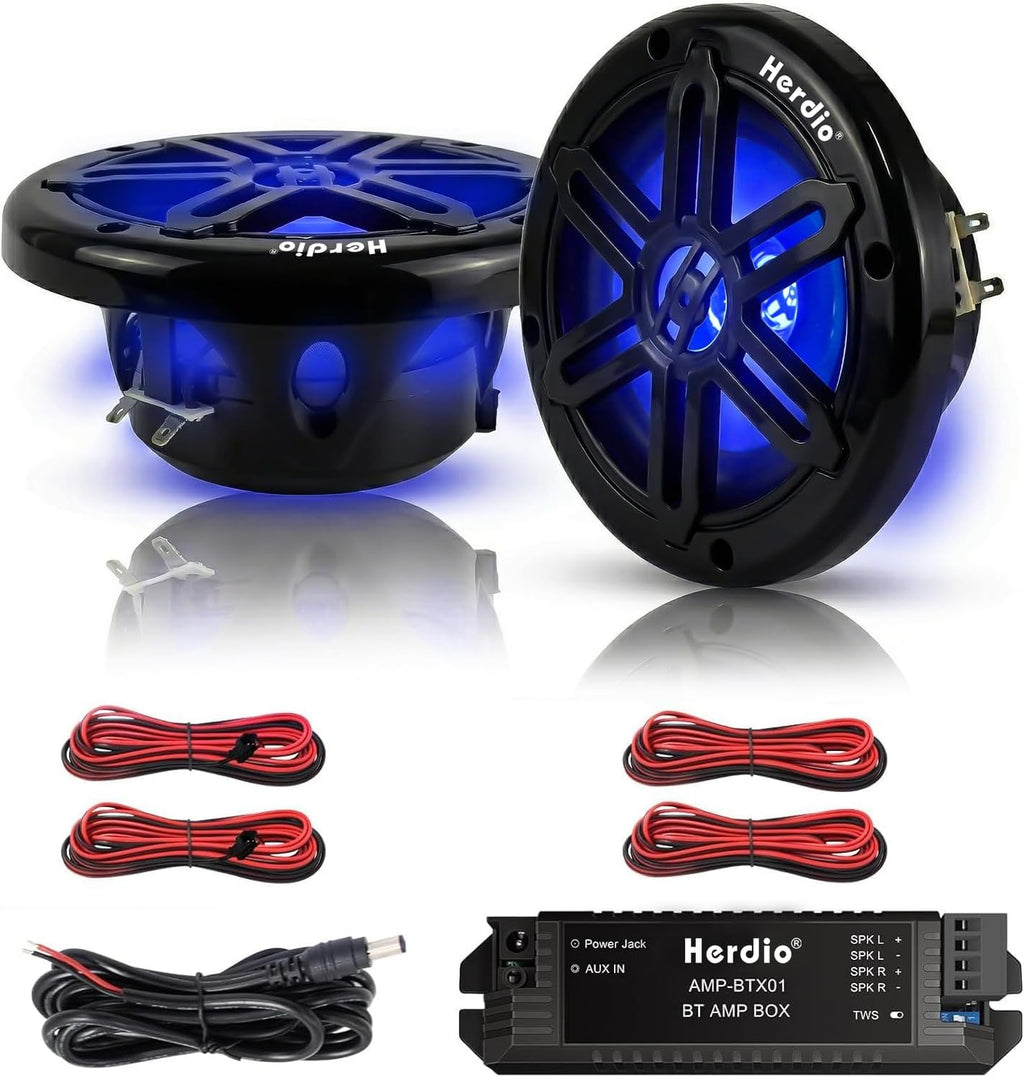 Herdio 6.5 Inch 350W Bluetooth Marine Speakers with Blue LED Light - 2 Way Waterproof Coaxial Speakers for Boats, ATVs, UTVs (A Pair, Black)