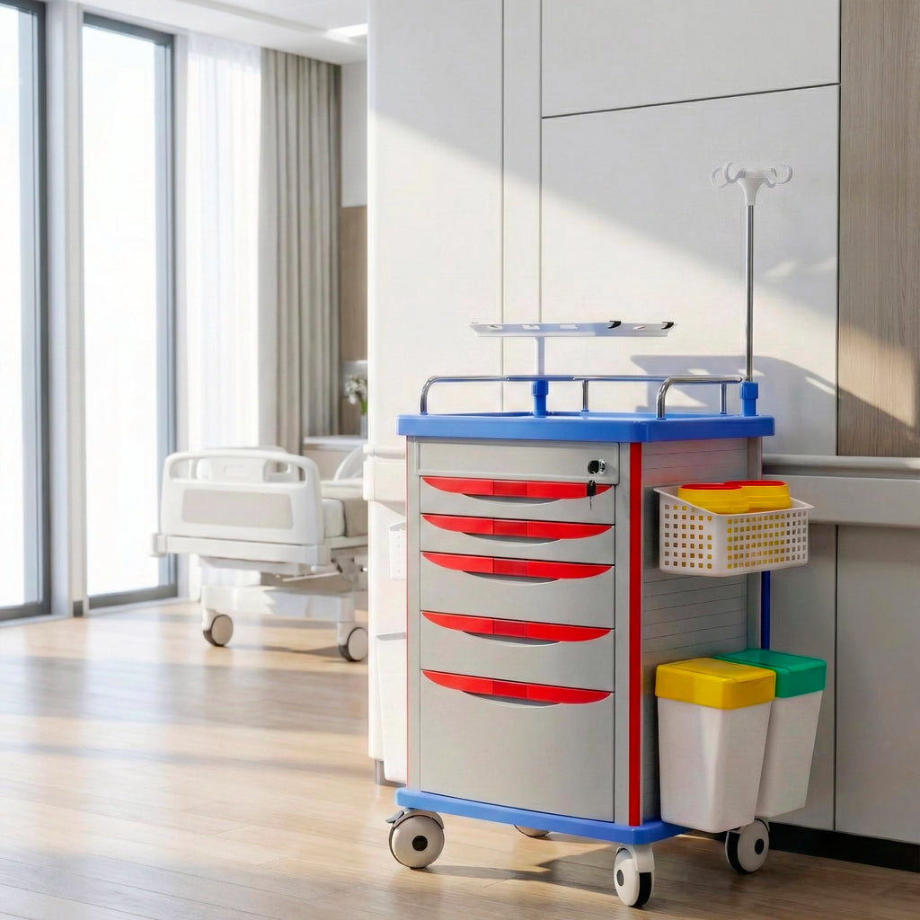 Medical Rolling Storage Crash Cart with Wheels, 5-Tier Medical Cart with Drawers, Adjustable IV Pole, Trash Bin & O2 Holder, Needle Disposal Holder, Silent Casters, Ideal for Hospitals (Grey)