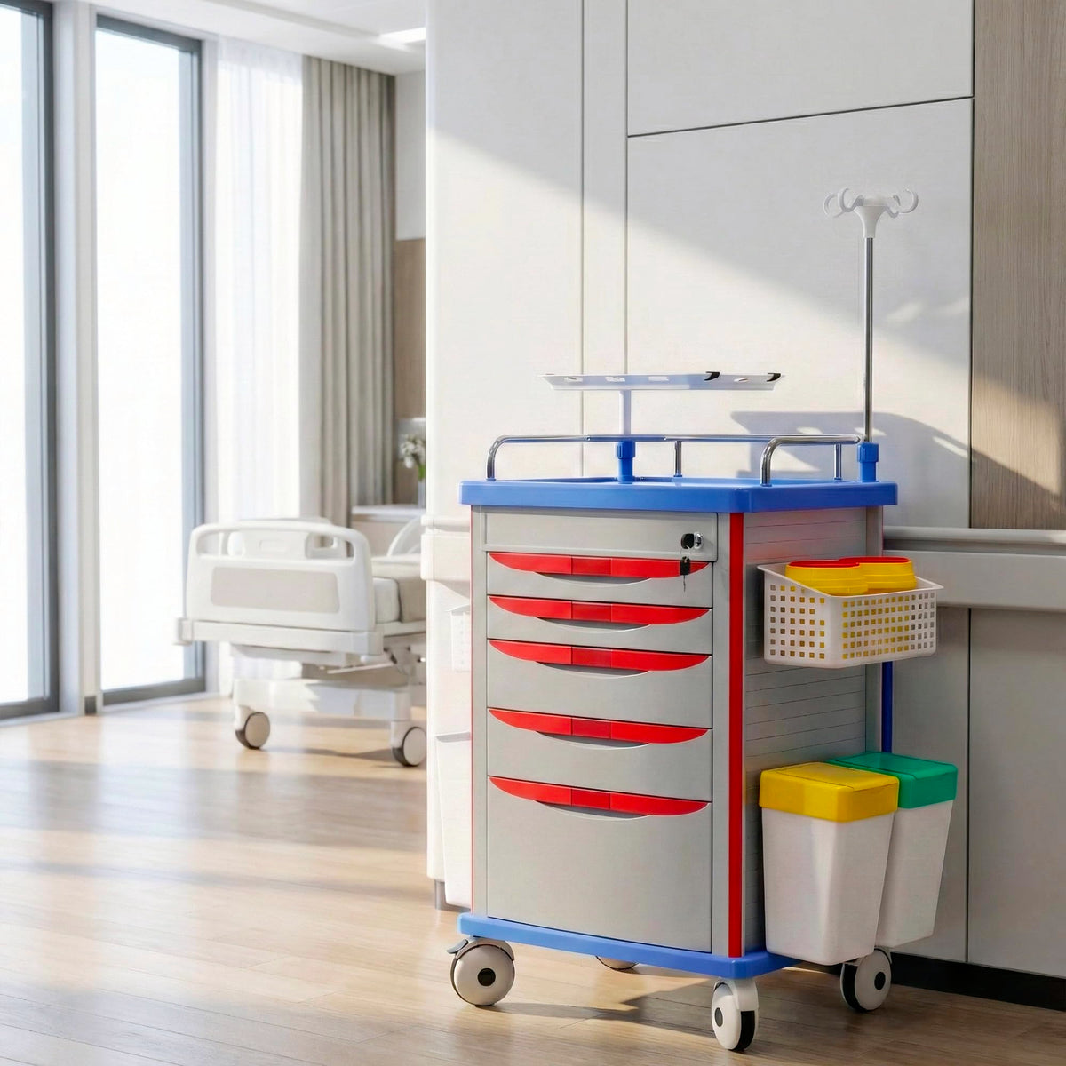 Medical Rolling Storage Crash Cart with Wheels, 5-Tier Medical Cart with Drawers, Adjustable IV Pole, Trash Bin & O2 Holder, Needle Disposal Holder, Silent Casters, Ideal for Hospitals (Grey)