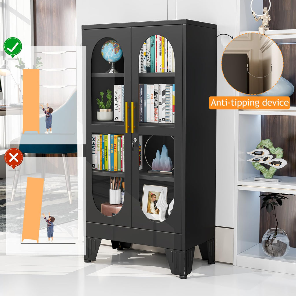 PAOFIN 47" H Locking Display Cabinet with Glass Door, Metal Cabinets with 3 Adjustable Shelves, Cabinet Display Case for Living Room, Collectibles, Clinic, Home - Assembly Required White