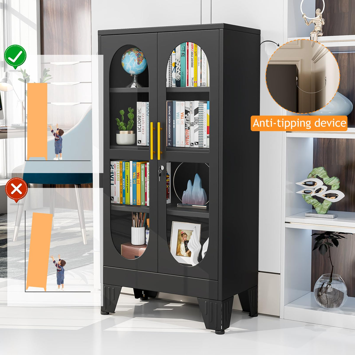 PAOFIN 47" H Locking Display Cabinet with Glass Door, Metal Cabinets with 3 Adjustable Shelves, Cabinet Display Case for Living Room, Collectibles, Clinic, Home - Assembly Required White