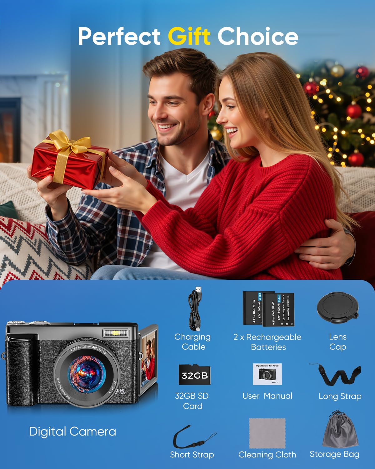2026 Upgraded 64MP Digital Camera 4K WiFi 180Â° Flip Screen Autofocus, White